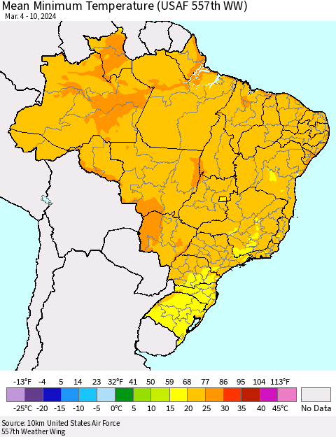 Brazil Mean Minimum Temperature (USAF 557th WW) Thematic Map For 3/4/2024 - 3/10/2024