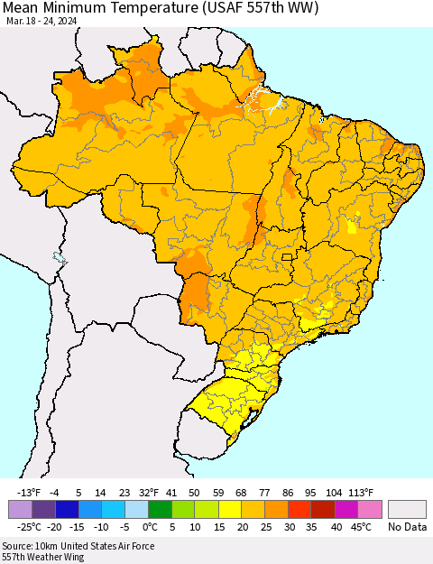 Brazil Mean Minimum Temperature (USAF 557th WW) Thematic Map For 3/18/2024 - 3/24/2024