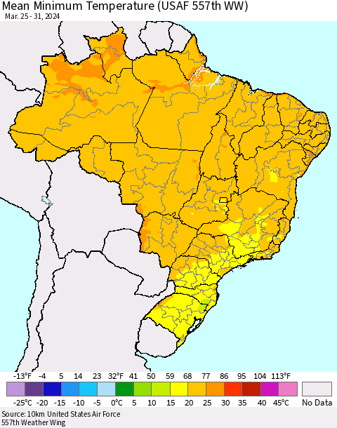 Brazil Mean Minimum Temperature (USAF 557th WW) Thematic Map For 3/25/2024 - 3/31/2024