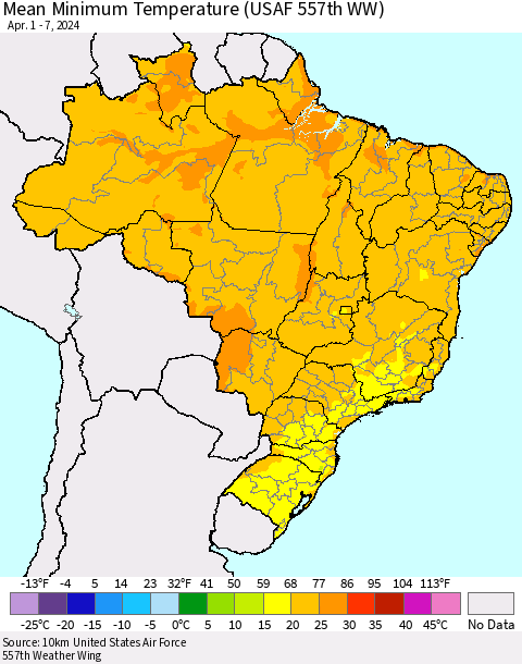 Brazil Mean Minimum Temperature (USAF 557th WW) Thematic Map For 4/1/2024 - 4/7/2024