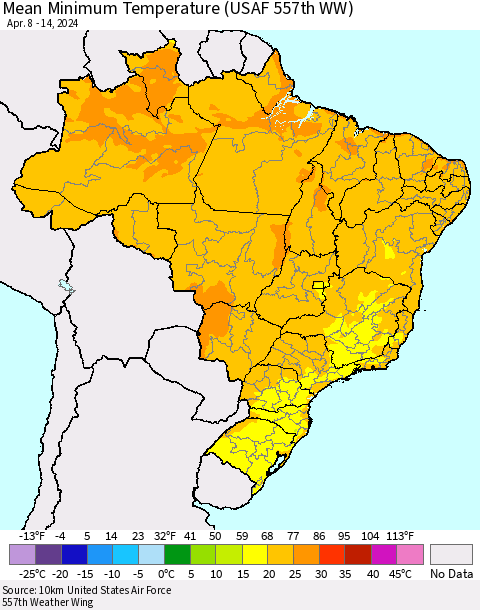 Brazil Mean Minimum Temperature (USAF 557th WW) Thematic Map For 4/8/2024 - 4/14/2024