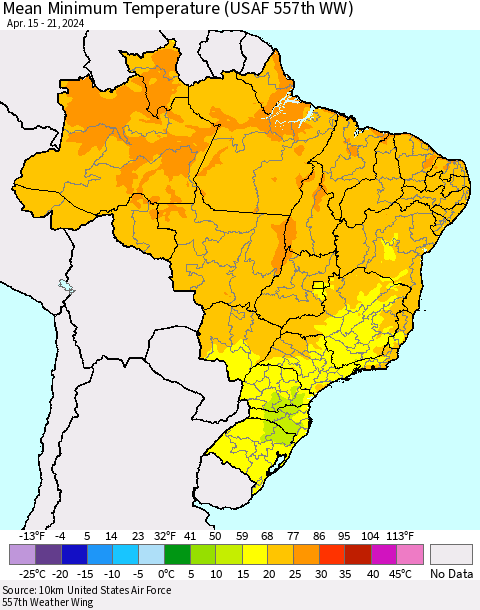 Brazil Mean Minimum Temperature (USAF 557th WW) Thematic Map For 4/15/2024 - 4/21/2024