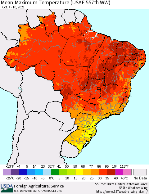 Brazil Mean Maximum Temperature (USAF 557th WW) Thematic Map For 10/4/2021 - 10/10/2021
