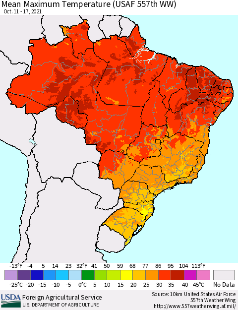 Brazil Mean Maximum Temperature (USAF 557th WW) Thematic Map For 10/11/2021 - 10/17/2021