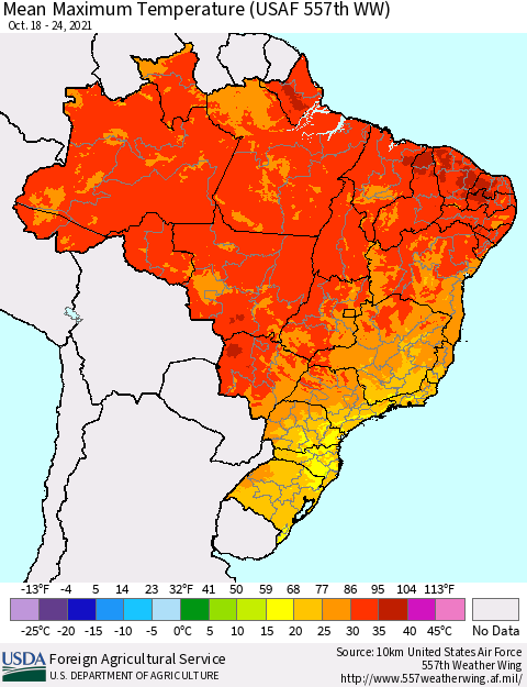 Brazil Mean Maximum Temperature (USAF 557th WW) Thematic Map For 10/18/2021 - 10/24/2021