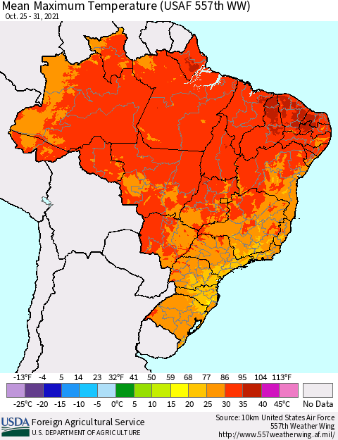 Brazil Mean Maximum Temperature (USAF 557th WW) Thematic Map For 10/25/2021 - 10/31/2021