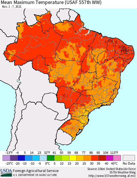 Brazil Mean Maximum Temperature (USAF 557th WW) Thematic Map For 11/1/2021 - 11/7/2021