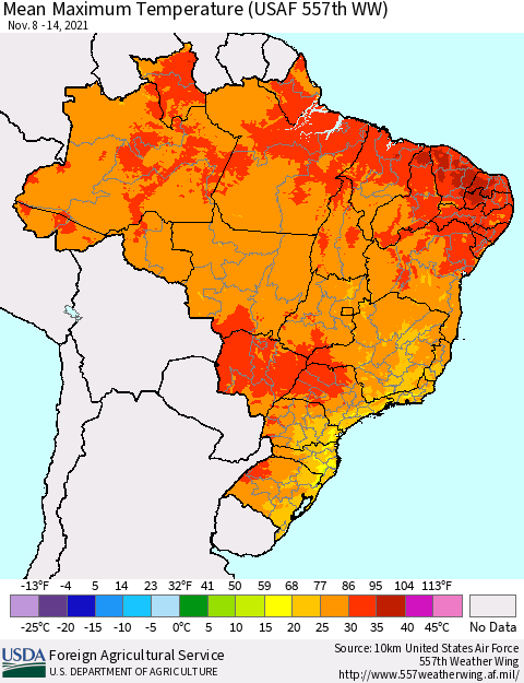 Brazil Mean Maximum Temperature (USAF 557th WW) Thematic Map For 11/8/2021 - 11/14/2021