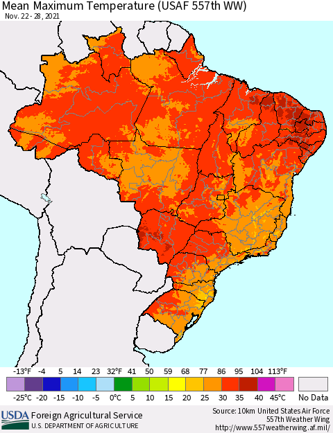 Brazil Mean Maximum Temperature (USAF 557th WW) Thematic Map For 11/22/2021 - 11/28/2021