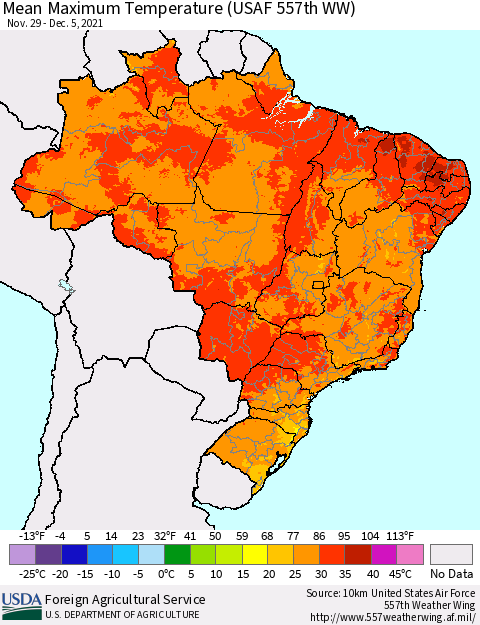 Brazil Mean Maximum Temperature (USAF 557th WW) Thematic Map For 11/29/2021 - 12/5/2021