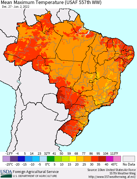 Brazil Mean Maximum Temperature (USAF 557th WW) Thematic Map For 12/27/2021 - 1/2/2022