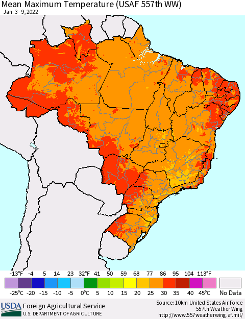 Brazil Mean Maximum Temperature (USAF 557th WW) Thematic Map For 1/3/2022 - 1/9/2022