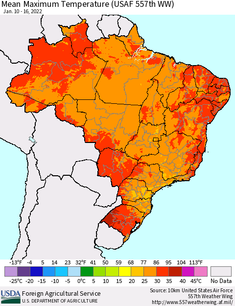 Brazil Mean Maximum Temperature (USAF 557th WW) Thematic Map For 1/10/2022 - 1/16/2022