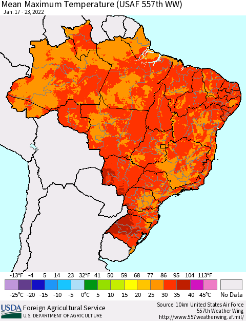 Brazil Mean Maximum Temperature (USAF 557th WW) Thematic Map For 1/17/2022 - 1/23/2022