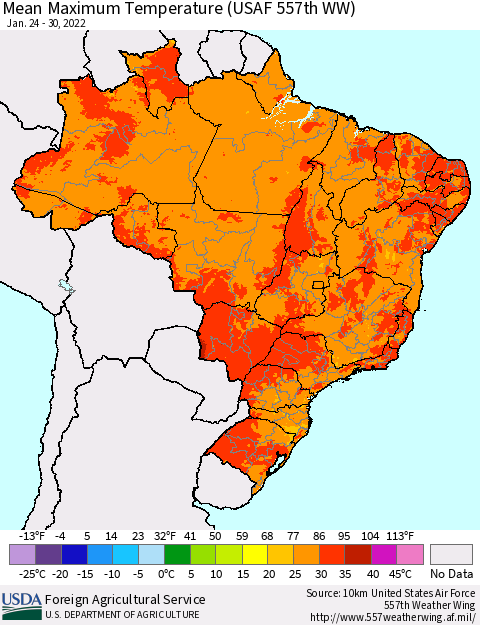 Brazil Mean Maximum Temperature (USAF 557th WW) Thematic Map For 1/24/2022 - 1/30/2022