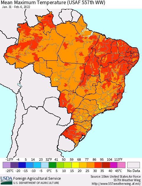 Brazil Mean Maximum Temperature (USAF 557th WW) Thematic Map For 1/31/2022 - 2/6/2022