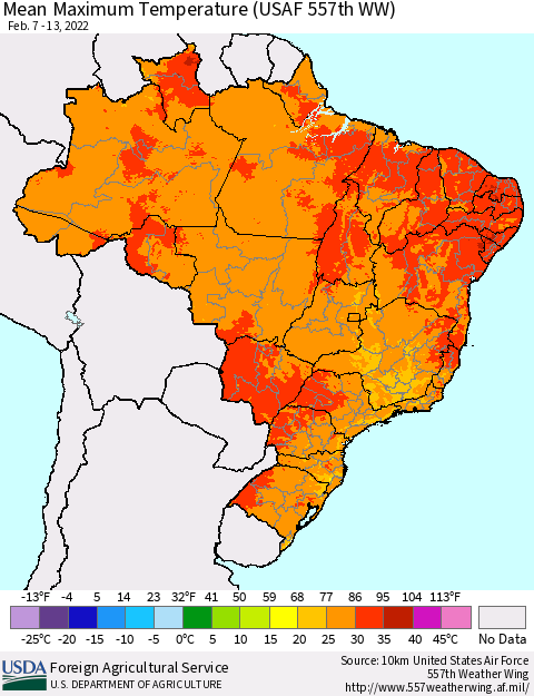 Brazil Mean Maximum Temperature (USAF 557th WW) Thematic Map For 2/7/2022 - 2/13/2022