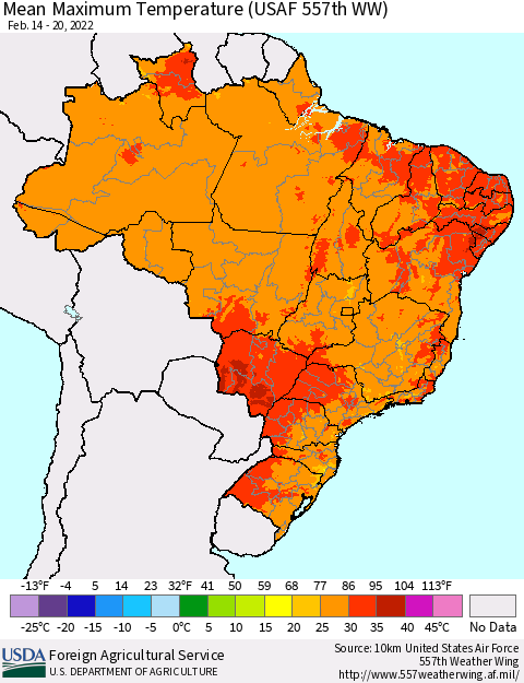 Brazil Mean Maximum Temperature (USAF 557th WW) Thematic Map For 2/14/2022 - 2/20/2022