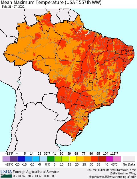 Brazil Mean Maximum Temperature (USAF 557th WW) Thematic Map For 2/21/2022 - 2/27/2022