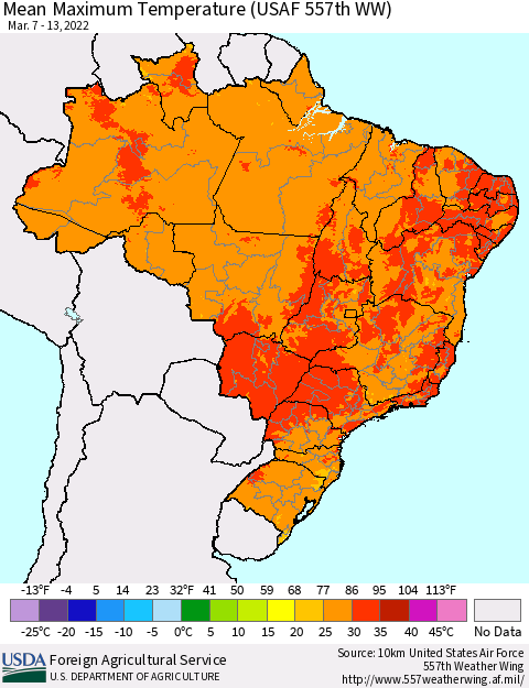 Brazil Mean Maximum Temperature (USAF 557th WW) Thematic Map For 3/7/2022 - 3/13/2022