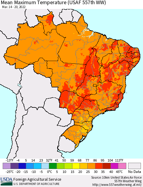 Brazil Mean Maximum Temperature (USAF 557th WW) Thematic Map For 3/14/2022 - 3/20/2022