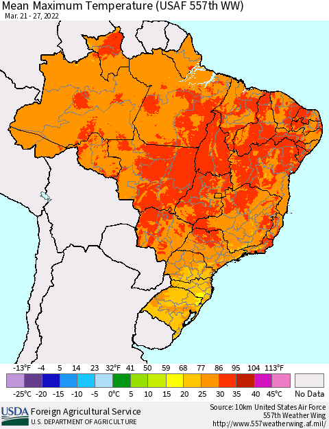 Brazil Mean Maximum Temperature (USAF 557th WW) Thematic Map For 3/21/2022 - 3/27/2022