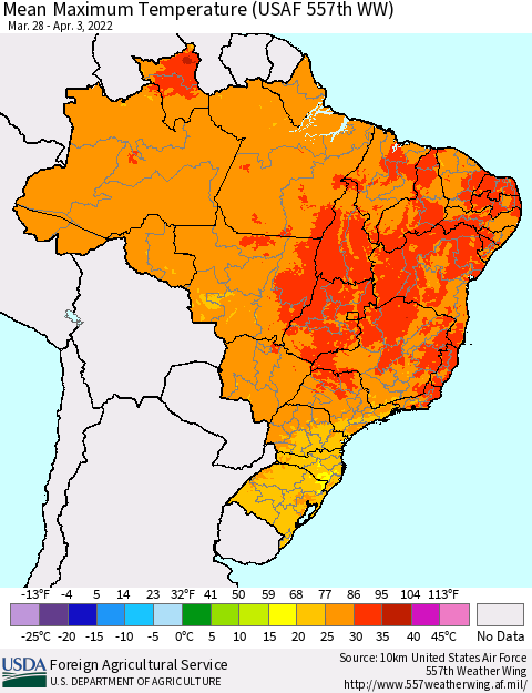 Brazil Mean Maximum Temperature (USAF 557th WW) Thematic Map For 3/28/2022 - 4/3/2022