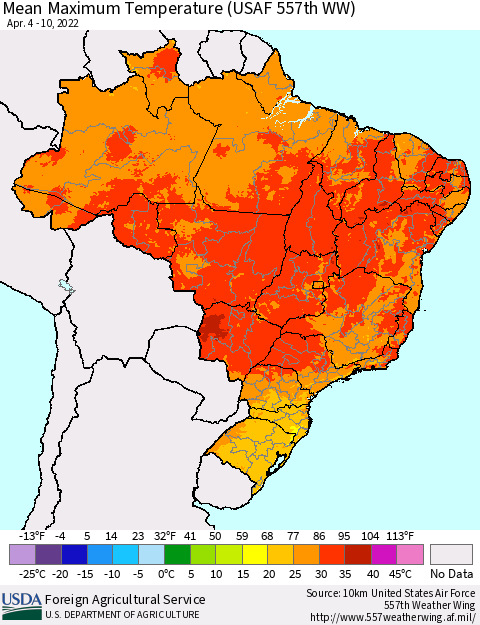 Brazil Mean Maximum Temperature (USAF 557th WW) Thematic Map For 4/4/2022 - 4/10/2022