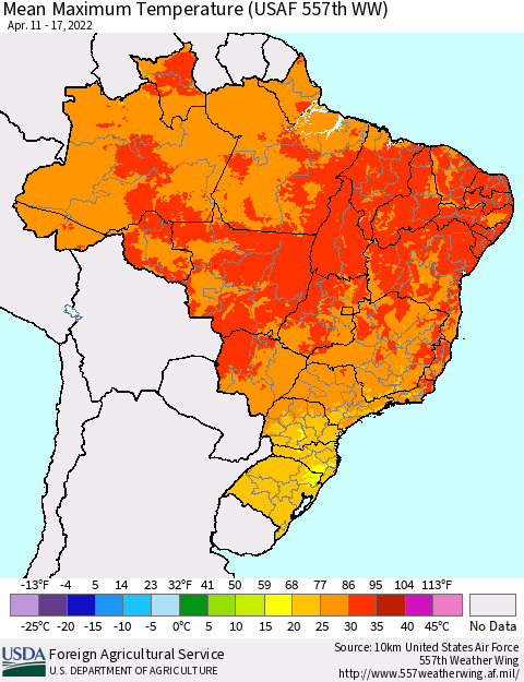 Brazil Mean Maximum Temperature (USAF 557th WW) Thematic Map For 4/11/2022 - 4/17/2022