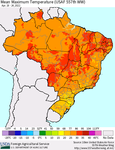 Brazil Mean Maximum Temperature (USAF 557th WW) Thematic Map For 4/18/2022 - 4/24/2022