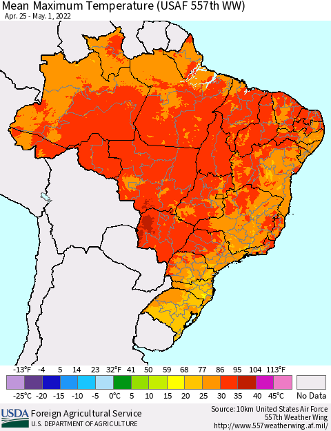 Brazil Mean Maximum Temperature (USAF 557th WW) Thematic Map For 4/25/2022 - 5/1/2022