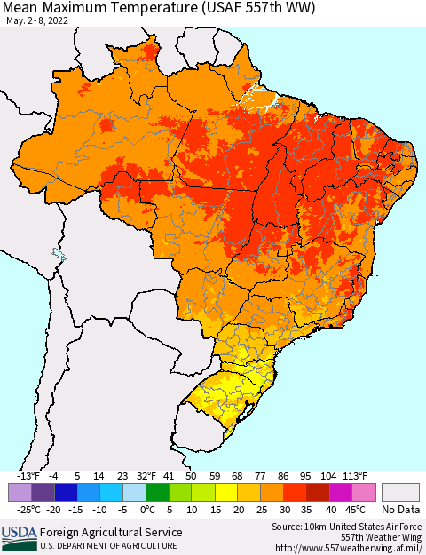 Brazil Mean Maximum Temperature (USAF 557th WW) Thematic Map For 5/2/2022 - 5/8/2022