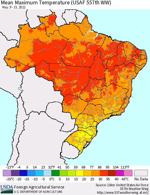 Brazil Mean Maximum Temperature (USAF 557th WW) Thematic Map For 5/9/2022 - 5/15/2022