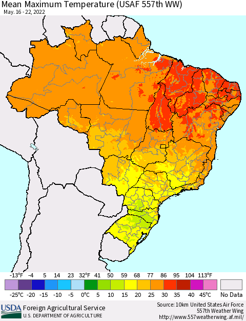 Brazil Mean Maximum Temperature (USAF 557th WW) Thematic Map For 5/16/2022 - 5/22/2022