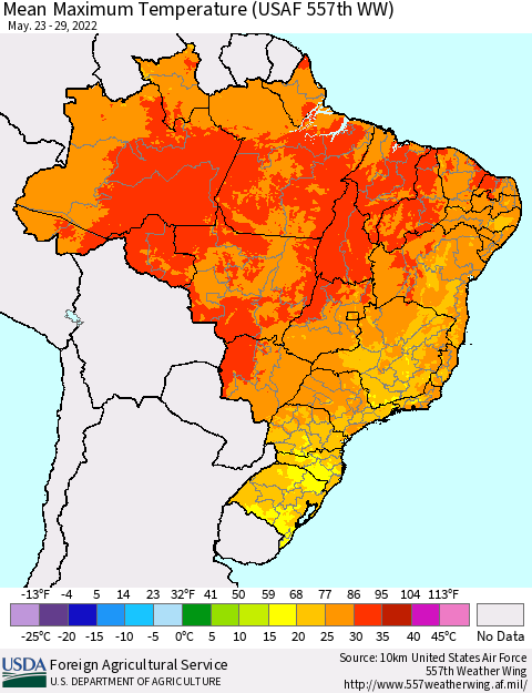 Brazil Mean Maximum Temperature (USAF 557th WW) Thematic Map For 5/23/2022 - 5/29/2022