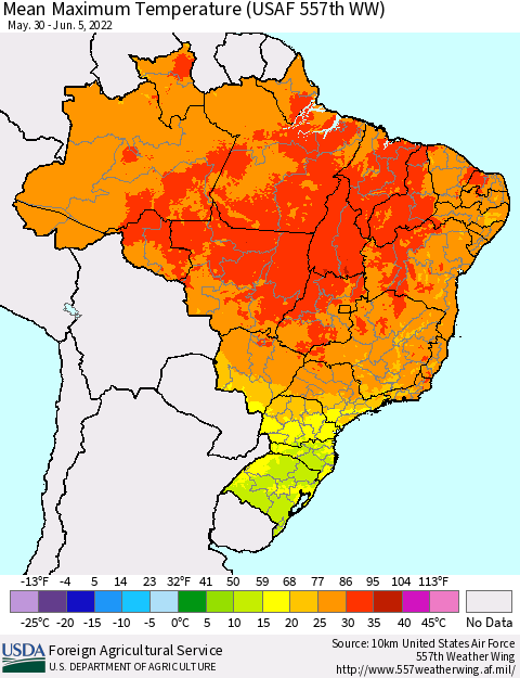 Brazil Mean Maximum Temperature (USAF 557th WW) Thematic Map For 5/30/2022 - 6/5/2022