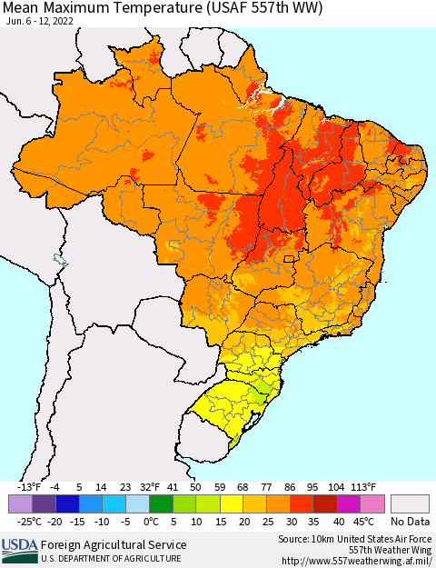 Brazil Mean Maximum Temperature (USAF 557th WW) Thematic Map For 6/6/2022 - 6/12/2022