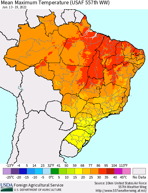 Brazil Mean Maximum Temperature (USAF 557th WW) Thematic Map For 6/13/2022 - 6/19/2022
