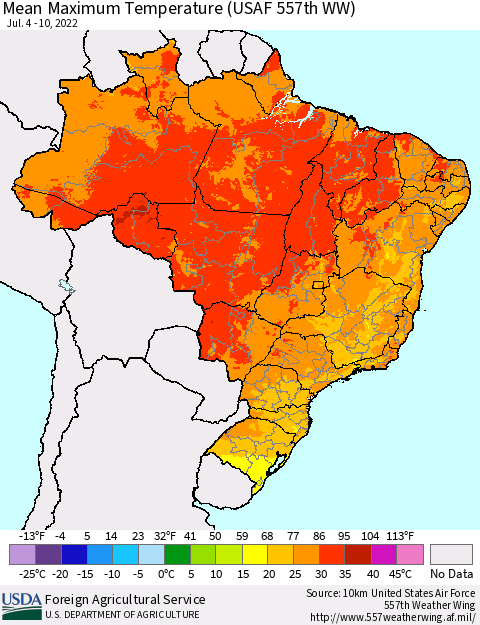 Brazil Mean Maximum Temperature (USAF 557th WW) Thematic Map For 7/4/2022 - 7/10/2022