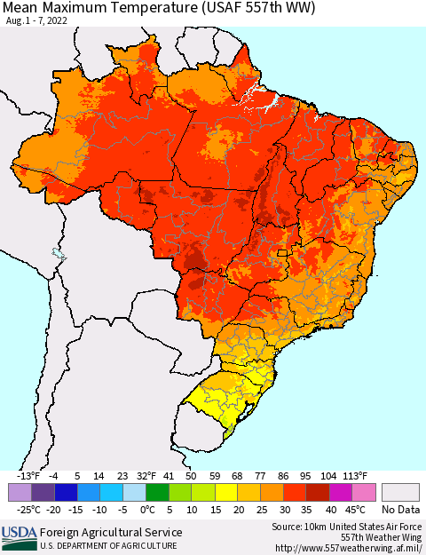 Brazil Mean Maximum Temperature (USAF 557th WW) Thematic Map For 8/1/2022 - 8/7/2022