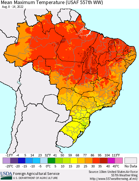 Brazil Mean Maximum Temperature (USAF 557th WW) Thematic Map For 8/8/2022 - 8/14/2022