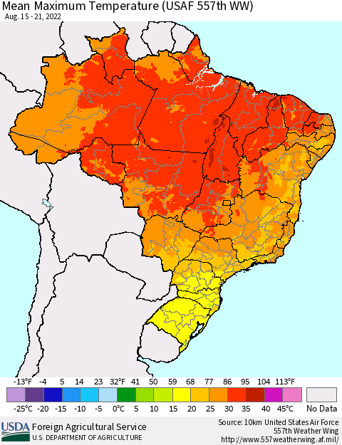 Brazil Mean Maximum Temperature (USAF 557th WW) Thematic Map For 8/15/2022 - 8/21/2022