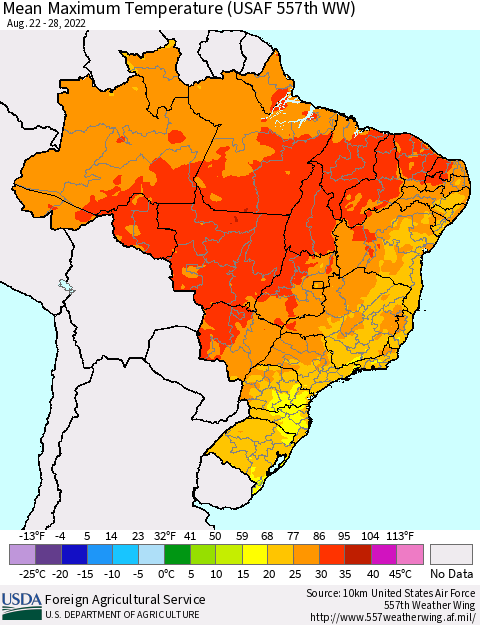 Brazil Mean Maximum Temperature (USAF 557th WW) Thematic Map For 8/22/2022 - 8/28/2022