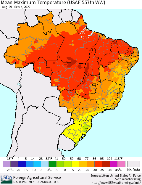 Brazil Mean Maximum Temperature (USAF 557th WW) Thematic Map For 8/29/2022 - 9/4/2022