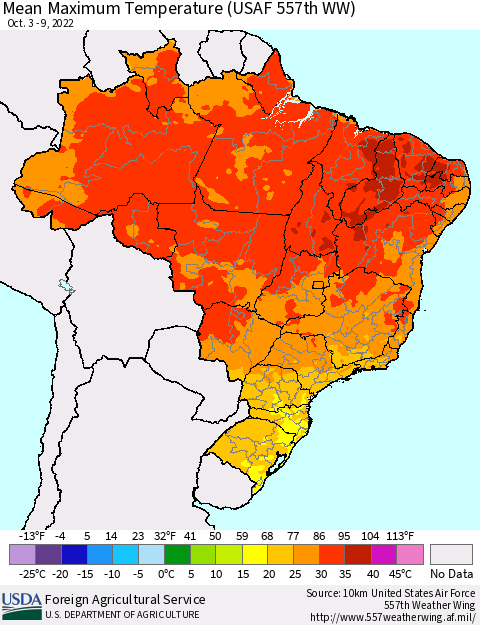 Brazil Mean Maximum Temperature (USAF 557th WW) Thematic Map For 10/3/2022 - 10/9/2022