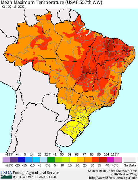 Brazil Mean Maximum Temperature (USAF 557th WW) Thematic Map For 10/10/2022 - 10/16/2022