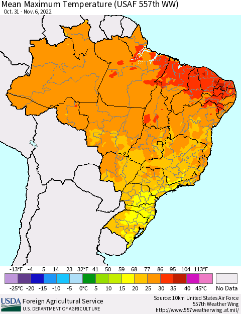 Brazil Mean Maximum Temperature (USAF 557th WW) Thematic Map For 10/31/2022 - 11/6/2022