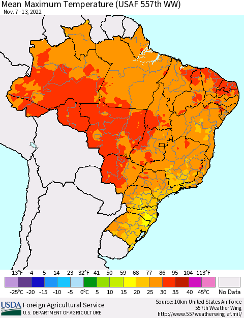 Brazil Mean Maximum Temperature (USAF 557th WW) Thematic Map For 11/7/2022 - 11/13/2022