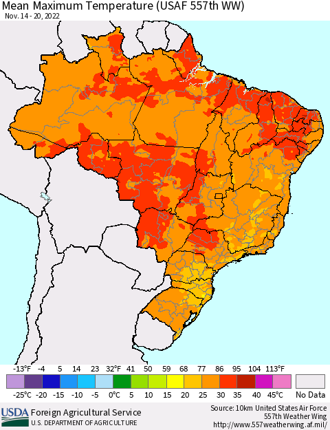Brazil Mean Maximum Temperature (USAF 557th WW) Thematic Map For 11/14/2022 - 11/20/2022