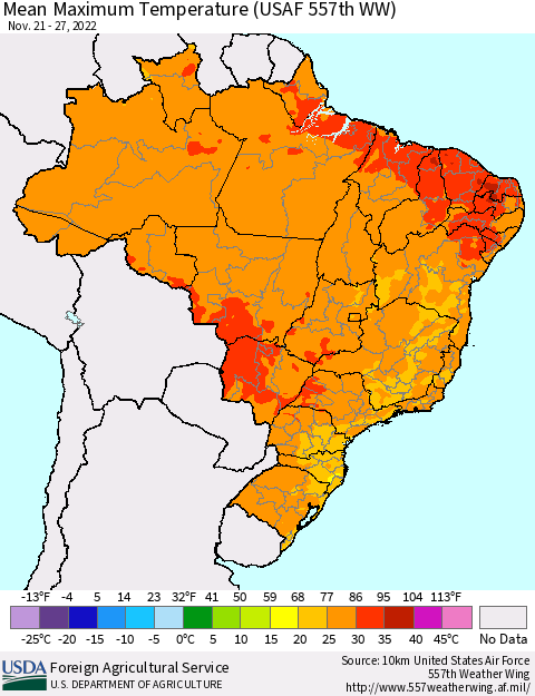 Brazil Mean Maximum Temperature (USAF 557th WW) Thematic Map For 11/21/2022 - 11/27/2022